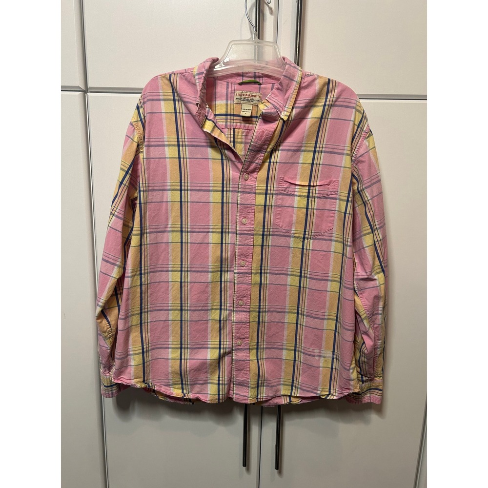 Steve & Barrys Mens Pink Yellow Blue‎ Plaid Button Down Shirt Long Sleeve Large